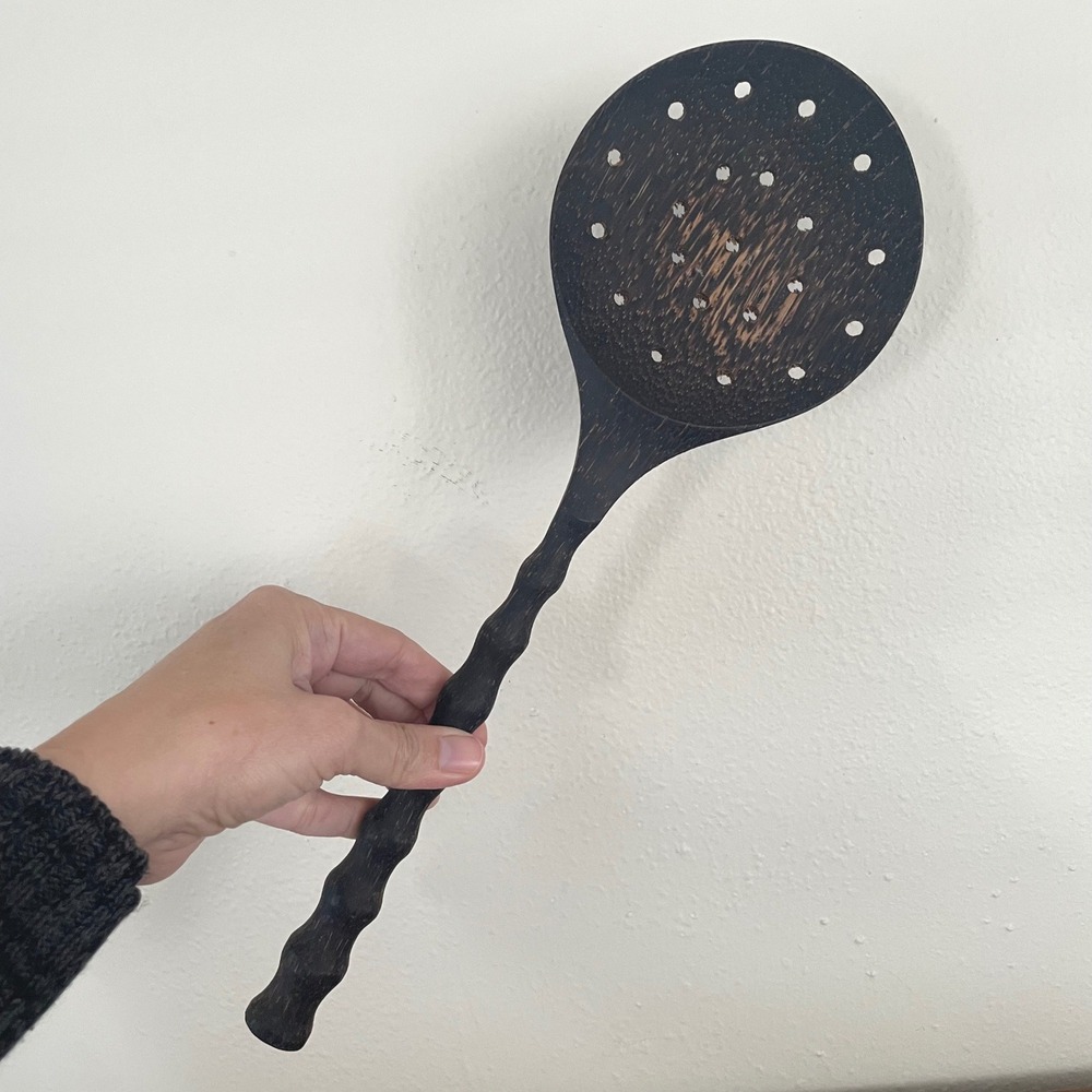 Full Wooden Skimmer Strainer Spoon Kitchen‎ Utensil Detailed Handle 14 in long